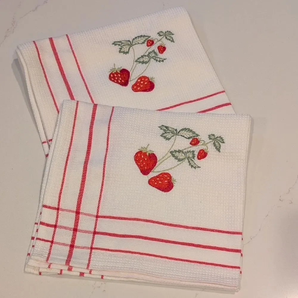 Strawberry Embroidered Cotton Kitchen Towels by Champagne & Eggs Set of 2
